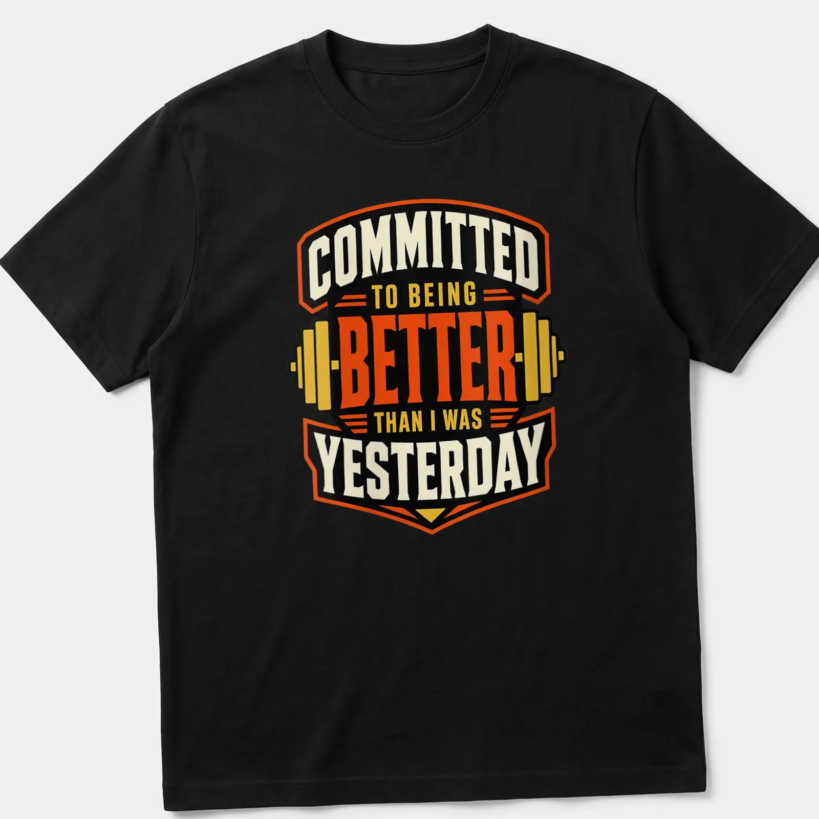 Vintage fitness t-shirt with black, orange, cream, and yellow print featuring weightlifting barbell and motivational text. — printed on a unisex t-shirt