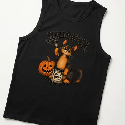 Vintage illustration of a Halloween cat with a pumpkin and paint in black, orange, and yellow. — printed on a tank top