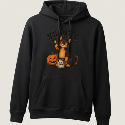 Vintage illustration of a Halloween cat with a pumpkin and paint in black, orange, and yellow. — printed on a unisex hoodie
