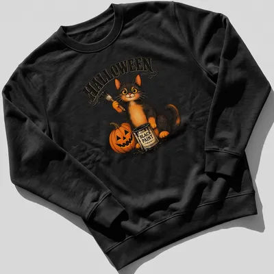 Vintage illustration of a Halloween cat with a pumpkin and paint in black, orange, and yellow. — printed on a unisex sweatshirt
