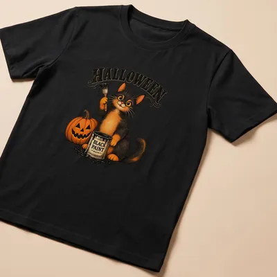 Vintage illustration of a Halloween cat with a pumpkin and paint in black, orange, and yellow.