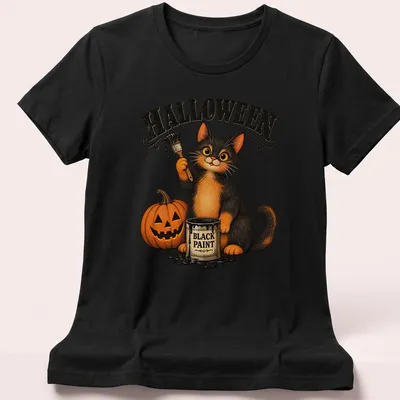 Vintage illustration of a Halloween cat with a pumpkin and paint in black, orange, and yellow. — printed on a women's shirt