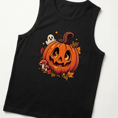 Kawaii cartoon of a Halloween pumpkin and ghost with autumn leaves — printed on a tank top