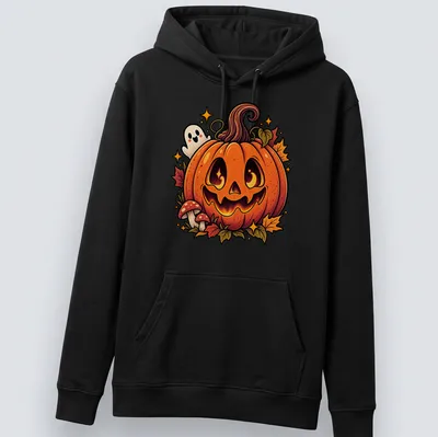Kawaii cartoon of a Halloween pumpkin and ghost with autumn leaves — printed on a unisex hoodie