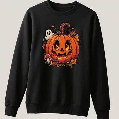 Kawaii cartoon of a Halloween pumpkin and ghost with autumn leaves — printed on a unisex sweatshirt