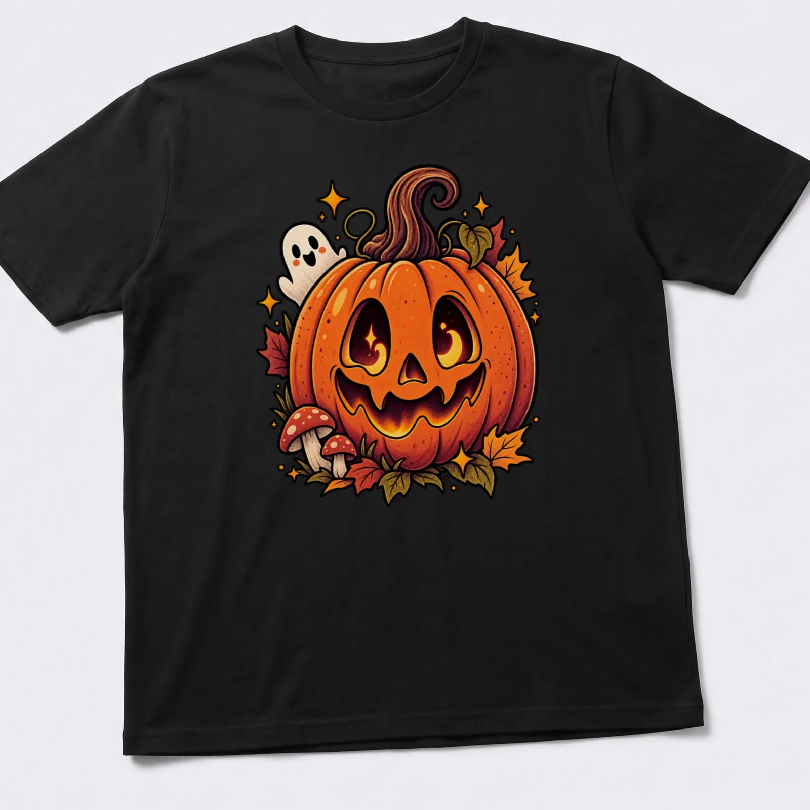 Kawaii cartoon of a Halloween pumpkin and ghost with autumn leaves — printed on a unisex t-shirt