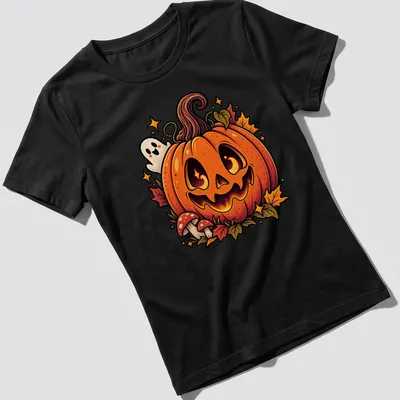 Kawaii cartoon of a Halloween pumpkin and ghost with autumn leaves — printed on a women's shirt