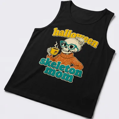 Retro t-shirt featuring a skeleton mom drinking coffee with colorful Halloween theme — printed on a tank top