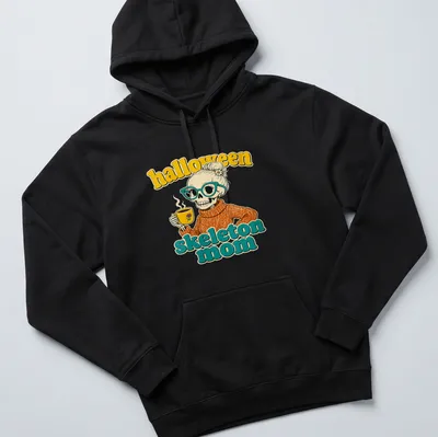 Retro t-shirt featuring a skeleton mom drinking coffee with colorful Halloween theme — printed on a unisex hoodie