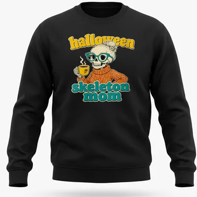 Retro t-shirt featuring a skeleton mom drinking coffee with colorful Halloween theme — printed on a unisex sweatshirt