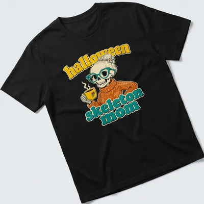Retro t-shirt featuring a skeleton mom drinking coffee with colorful Halloween theme