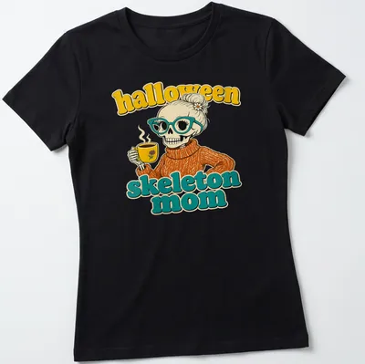 Retro t-shirt featuring a skeleton mom drinking coffee with colorful Halloween theme — printed on a women's shirt