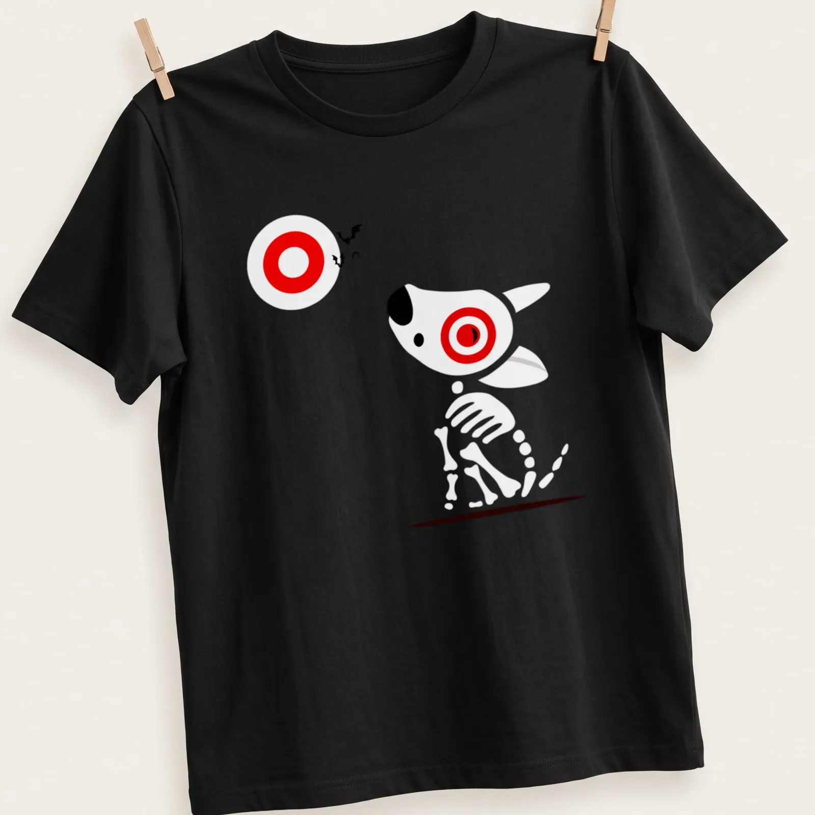 Minimalist Halloween tee with 'Target Team Member' text and bats. — printed on a unisex t-shirt