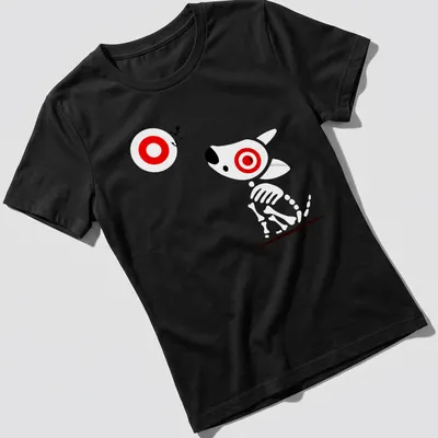 Minimalist Halloween tee with 'Target Team Member' text and bats. — printed on a women's shirt