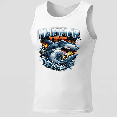 Illustration of a hammerhead shark with the text Hammer Time above it in blue and grey — printed on a tank top