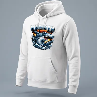 Illustration of a hammerhead shark with the text Hammer Time above it in blue and grey — printed on a unisex hoodie