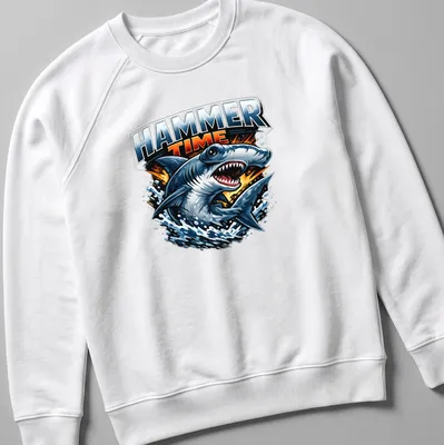Illustration of a hammerhead shark with the text Hammer Time above it in blue and grey — printed on a unisex sweatshirt