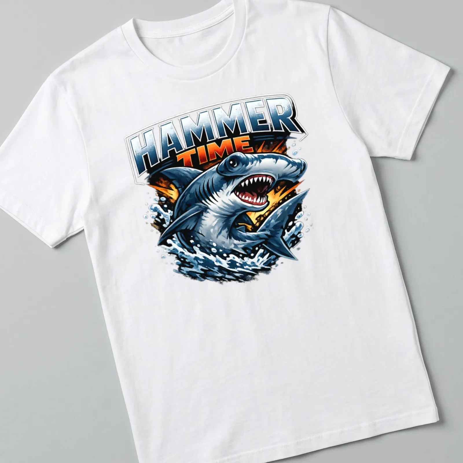 Illustration of a hammerhead shark with the text Hammer Time above it in blue and grey — printed on a unisex t-shirt