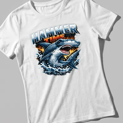 Illustration of a hammerhead shark with the text Hammer Time above it in blue and grey — printed on a women's shirt