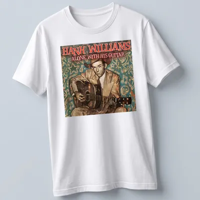 Vintage illustration of Hank Williams with guitar on a musical t-shirt