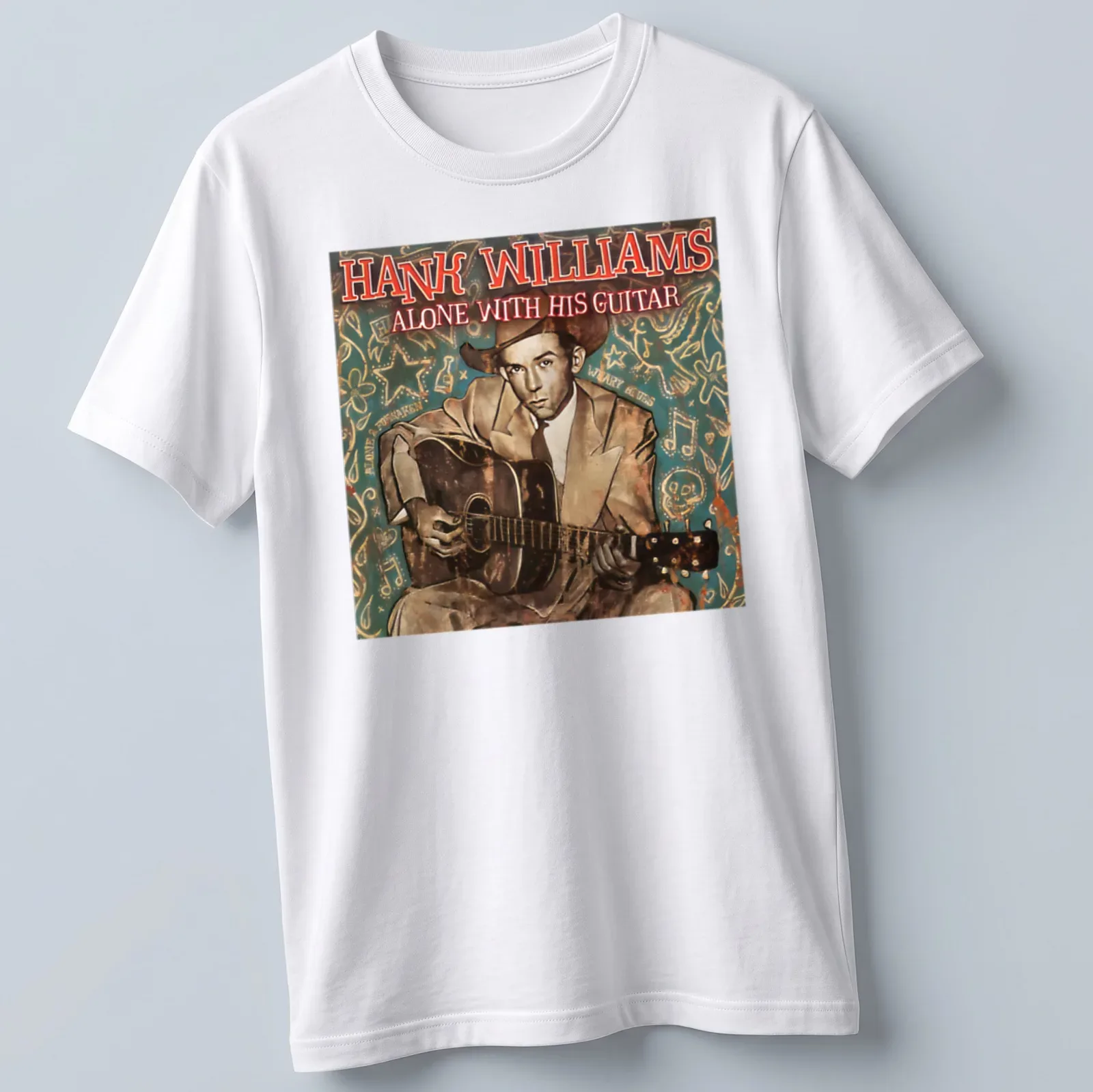 Vintage illustration of Hank Williams with guitar on a musical — printed on a unisex t-shirt