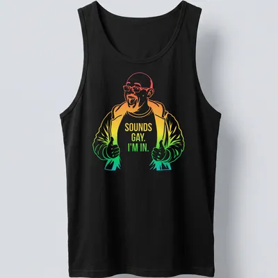 Colorful line-art print of a happy man giving a thumbs up with playful text — printed on a tank top