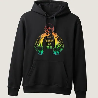 Colorful line-art print of a happy man giving a thumbs up with playful text — printed on a unisex hoodie