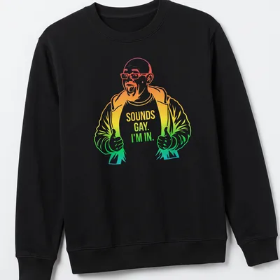 Colorful line-art print of a happy man giving a thumbs up with playful text — printed on a unisex sweatshirt