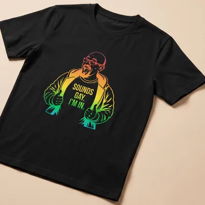 Colorful line-art print of a happy man giving a thumbs up with playful text