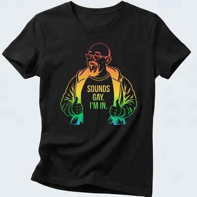 Colorful line-art print of a happy man giving a thumbs up with playful text — printed on a women's shirt