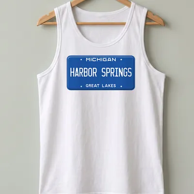 Vintage-style T-shirt featuring a Michigan Harbor Springs license plate graphic — printed on a tank top