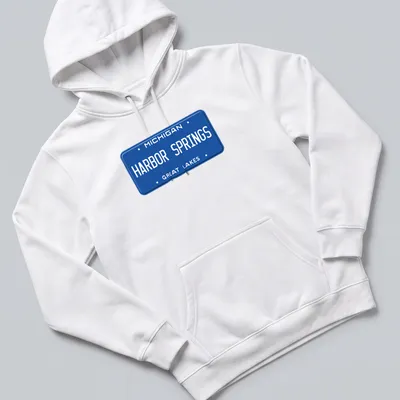 Vintage-style T-shirt featuring a Michigan Harbor Springs license plate graphic — printed on a unisex hoodie