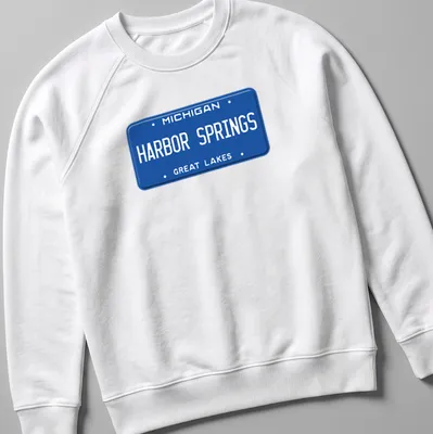 Vintage-style T-shirt featuring a Michigan Harbor Springs license plate graphic — printed on a unisex sweatshirt