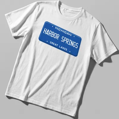 Vintage-style T-shirt featuring a Michigan Harbor Springs license plate graphic