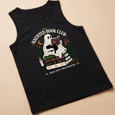Whimsical illustration of a ghost reading with a black cat, featuring vibrant colors — printed on a tank top
