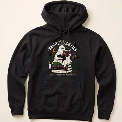 Whimsical illustration of a ghost reading with a black cat, featuring vibrant colors — printed on a unisex hoodie