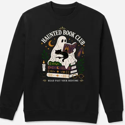 Whimsical illustration of a ghost reading with a black cat, featuring vibrant colors — printed on a unisex sweatshirt