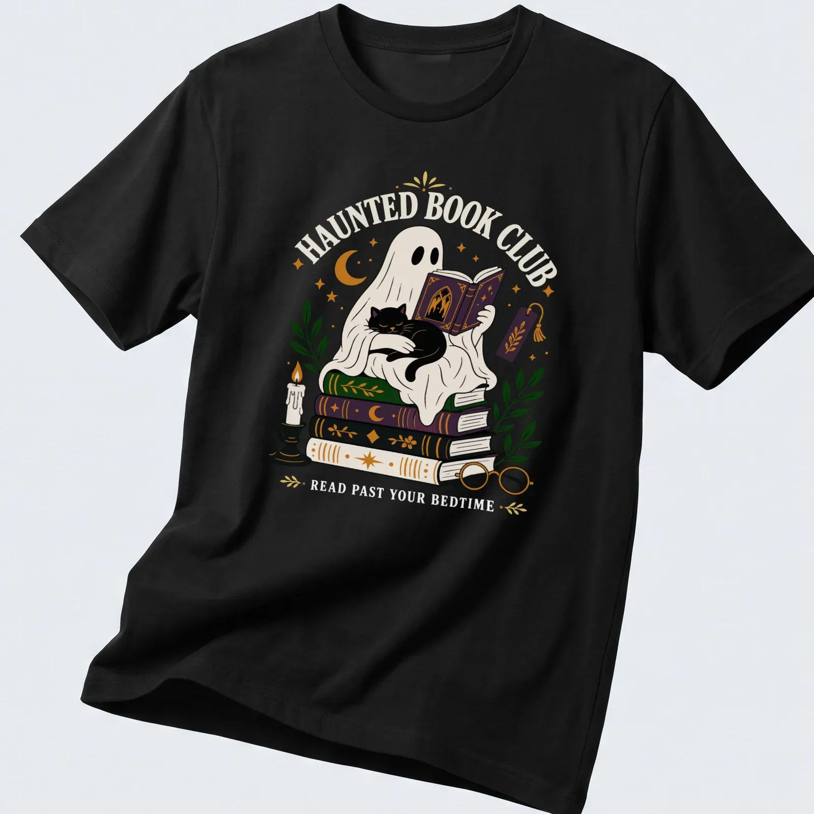 Whimsical illustration of a ghost reading with a black cat, featuring vibrant colors — printed on a unisex t-shirt