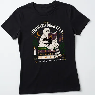 Whimsical illustration of a ghost reading with a black cat, featuring vibrant colors — printed on a women's shirt