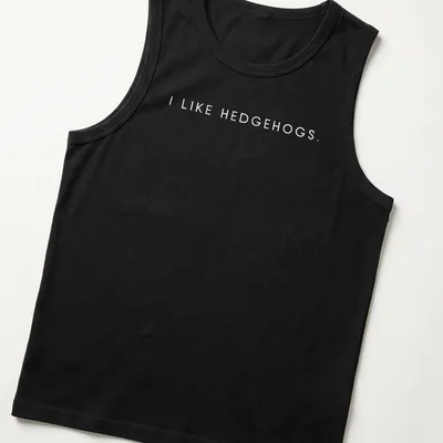 Minimalist design featuring I LIKE HEDGEHOGS in clean typography on white — printed on a tank top