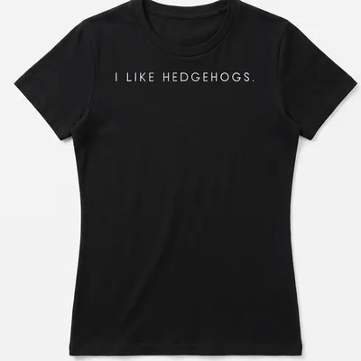 Minimalist design featuring I LIKE HEDGEHOGS in clean typography on white — printed on a women's shirt