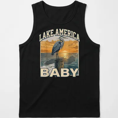 Vintage heron silhouette at sunset with Lake America Baby text — printed on a tank top