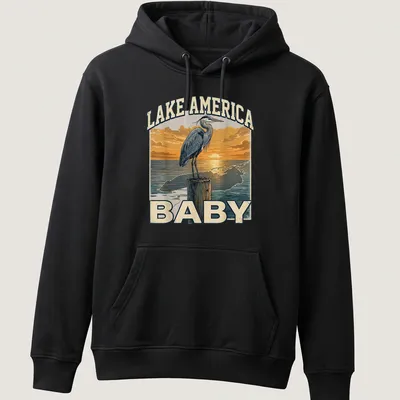 Vintage heron silhouette at sunset with Lake America Baby text — printed on a unisex hoodie
