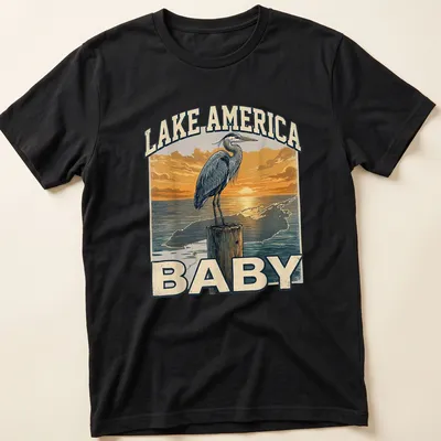Vintage heron silhouette at sunset with Lake America Baby text