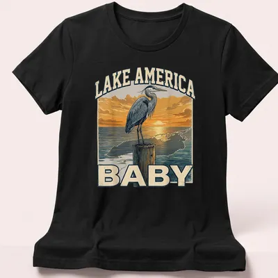 Vintage heron silhouette at sunset with Lake America Baby text — printed on a women's shirt