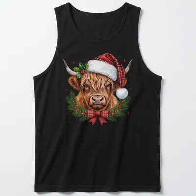 Realistic illustration of a Highland cow in a Santa hat surrounded by a winter wreath — printed on a tank top