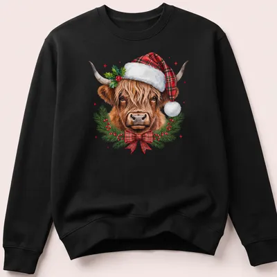 Realistic illustration of a Highland cow in a Santa hat surrounded by a winter wreath — printed on a unisex sweatshirt