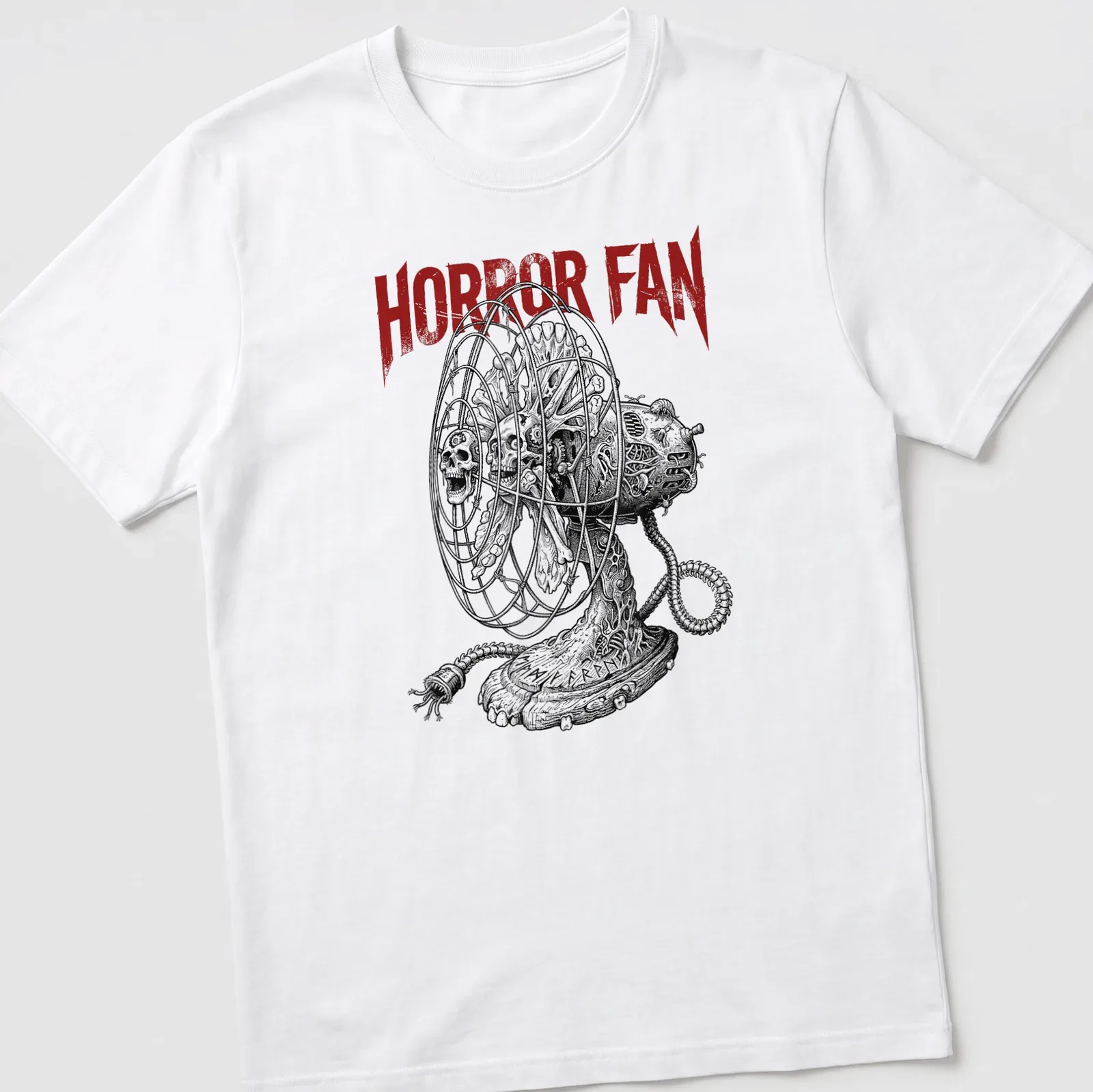 Bold Horror Fan t-shirt featuring a detailed skull and bone illustration — printed on a unisex t-shirt