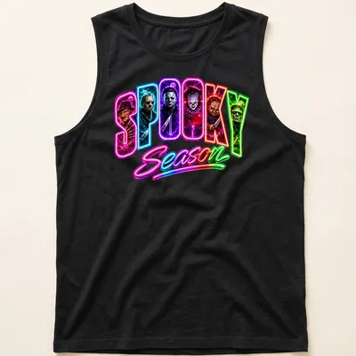 Neon horror movie villains graphic with 'SPOOKY Season' text in vivid colors — printed on a tank top