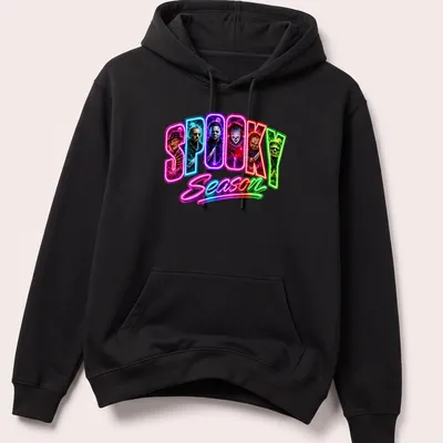 Neon horror movie villains graphic with 'SPOOKY Season' text in vivid colors — printed on a unisex hoodie